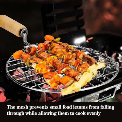Kitchen Round Stainless Steel Roaster Papad Jali, Barbecue Grill with Wooden Handle